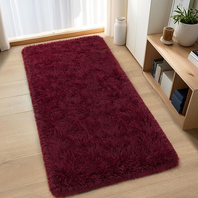 Nuttumico 2x4 Feet Soft Runner Rugs for Bedroom Living Room Plush Fluffy Rug, Burgundy Non-Slip Shag Area Rugs Carpet for Bedside Kids Girls Room Nursery Home Decor, Non Shedding