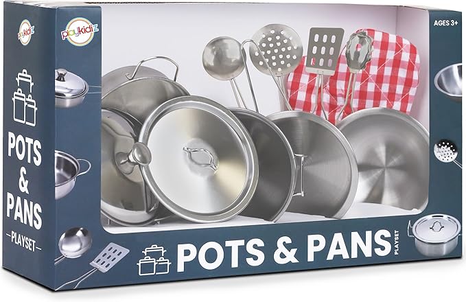 Playkidz Stainless Steel Pots and Pans - Toy Cookware 9 Piece Playset for Kids Pretend Play House - Great Birthday Gift for Girls