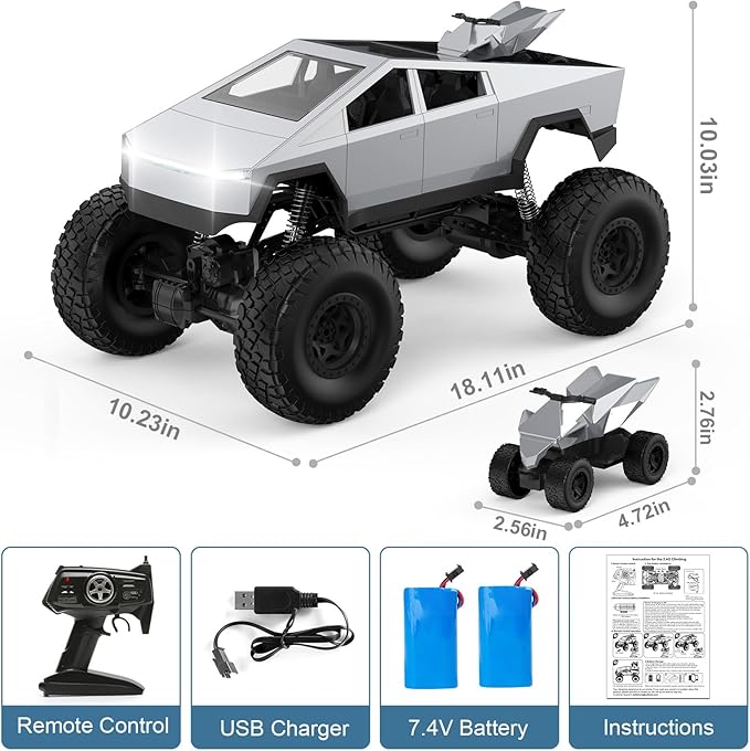 1:8 RC Car, Large Cyber Monster Truck Model 4WD with 2 Batteries and Dual Motors, LED Headlight,Off-Road RC Truck, 2.4GHz All Terrain Off Road Monster Truck for Boys Kids