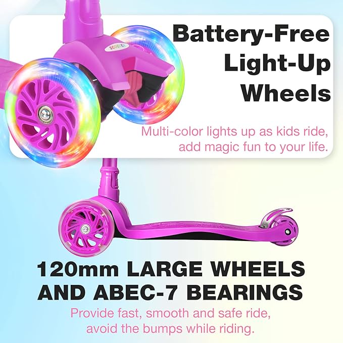 BELEEV A2 Scooters for Kids 3 Wheel Kick Scooter for Toddlers Girls Boys, 4 Adjustable Height, Lean to Steer, Light up Wheels, Extra-Wide Board, Easy to Assemble for Children Gift Sport Toys Ages 3-12