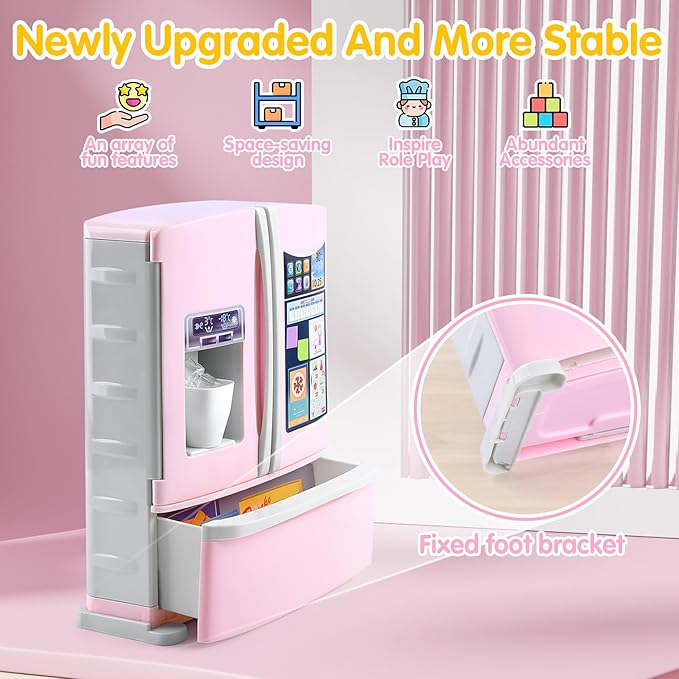 PLAY Kids Kitchen Refrigerator with Ice Dispenser, Pretend Kid Toy Fridge Kitchen Playset, Kitchen Appliance Accessories for Girl Boy Christmas Birthday Gift Age 3+, Pink