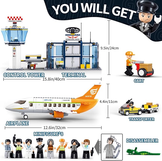 Airplane Building Set, City Airport Passenger Plane Toy for 6+ Year Old Boys and Girls, Compatible with Lego Plane, with an Airplane, Control Tower, Terminal, Baggage Cart, and 8 Minifigures