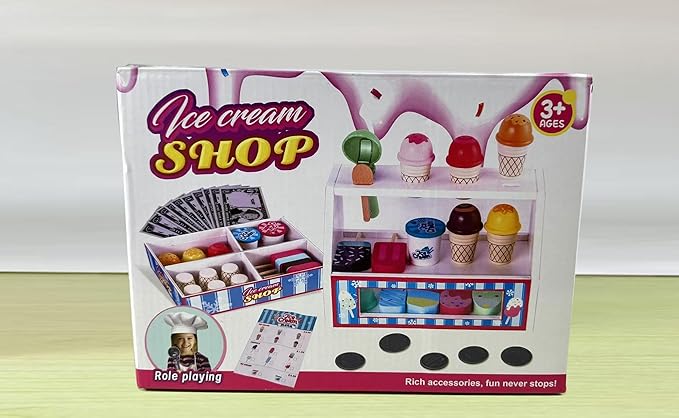 Wooden Ice Cream Toys Kids Toy Food for Toddler Girls 3+, Ice Cream Shop Playset, Pretend Play Kitchen Toys with Display Counter & Fake Money - Wooden Food Toys for 3 4 5 Year Old Girls Boys Birthday