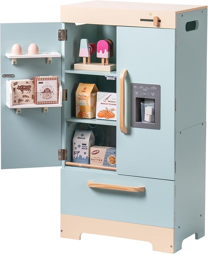 ROBOTIME Toy Kitchen Wooden Fridge, Play Refrigerator for Kids & Toddlers, Wooden Fridge Freezer Set with Ice Maker and Foods, Pretend Play Kitchen Playset for Ages 3+
