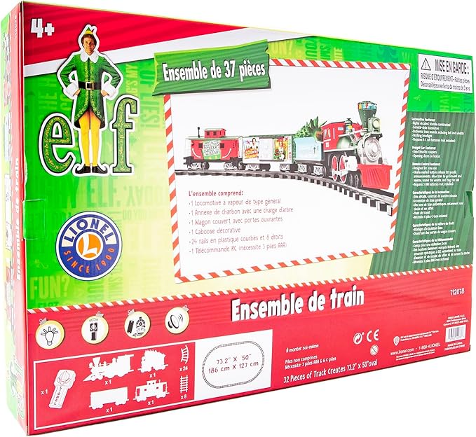 Lionel Battery-Operated Elf Toy Train Set with Locomotive, Train Cars, Track & Remote with Authentic Train Sounds, & Lights for Kids 4+