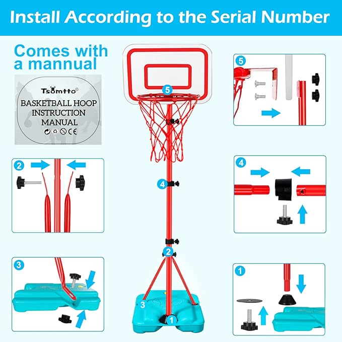 Kids Basketball Hoop Adjustable Height 2.9 ft-6.2 ft Toddler Basketball Hoop for Kids Indoor Outdoor Play Portable Basket Ball Goal Backyard Outside Toys for Boy Girl Age 2 3 4 5 6 7 8