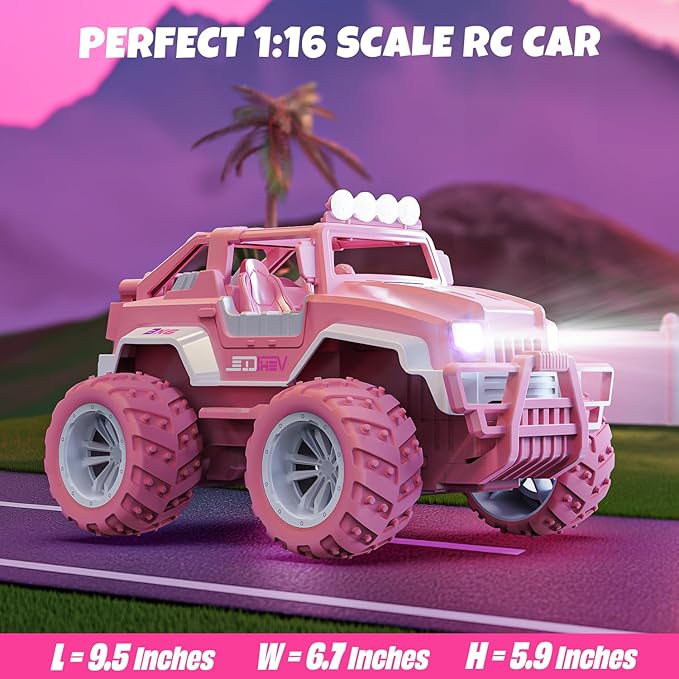 BEZGAR Remote Control Car for Girls - 1:16 Pink RC Cars with 2 Dolls & 4 Windmills, 2.4GHz with LED Lights, 80 Mins Play with Rechargeable Battery, Monster Truck Jeep Toys Birthday Gifts for Kids