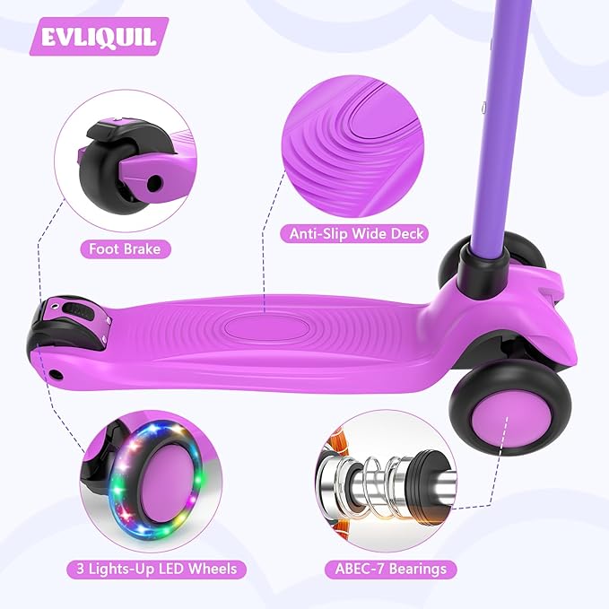 Kids Scooter,LED Lighted Wheels and 3 Adjustable Height Handlebars Scotters for Kids 3-12,3 Wheel Toddler Kick Scotter for Boys & Girls up to 132 Lbs.