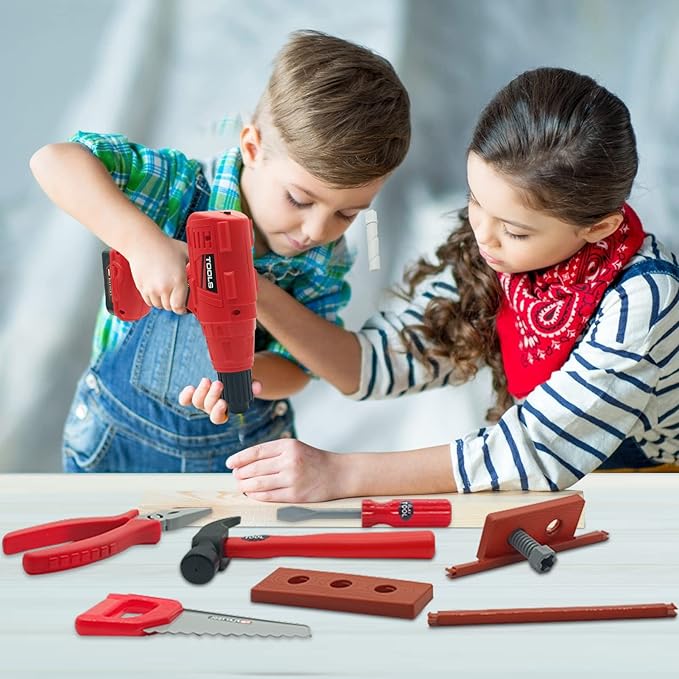 iKaufen Kids 68-Piece Toddler Tool Set with Tool Box & Electric Toy Drill - Pretend Play Construction Toy Set for Boys & Girls Ages 3-6