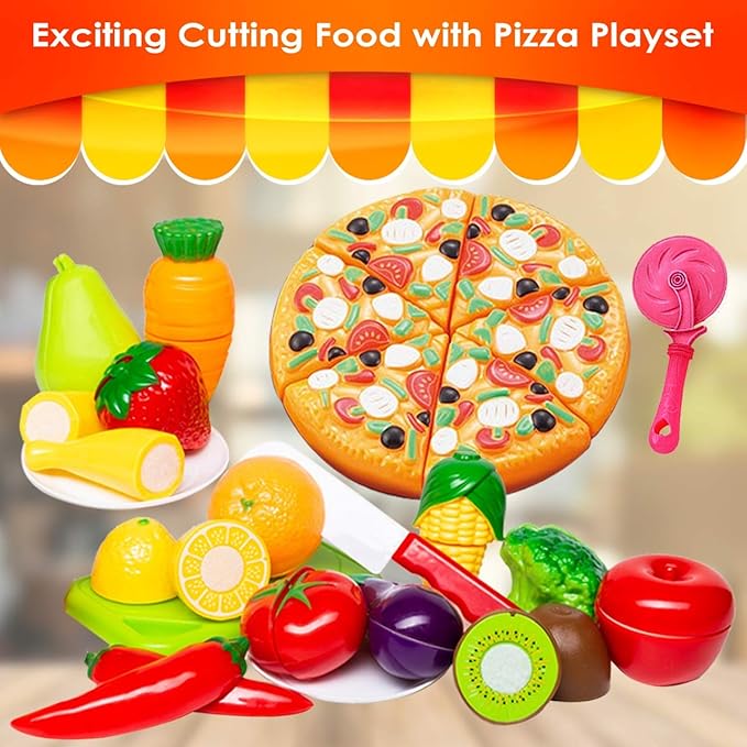 FUNERICA Play Kitchen Cutting Food Toys for Kids - Pretend Cutting Fruits, Vegetables, Cuttable Pizza Pie, Poultry and Fish, Toddler Play Kitchen Accessories with Pots and Utensils