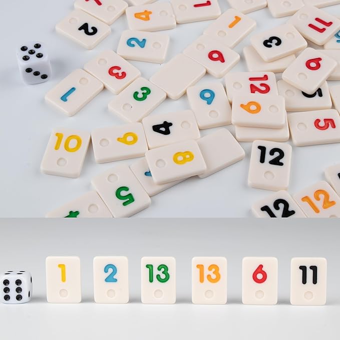 Doublefan Mini Rummy Cube Game, Mini Size Rummy Set with Portable Canvas Bag, Small Travel Board Game for Adult and Kids,160 Tiles, 6 Playing Rack, 1 Dice (2-6 Players)