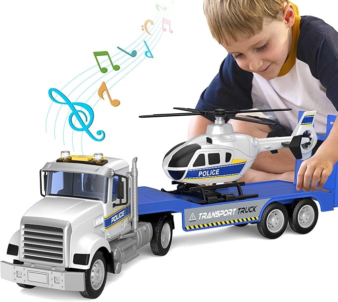 22" Semi Police Truck Toy with Helicopter for Kids Toddlers -Police Car Toys, Birthday for Boy Girl Toddler Child 3 4 5 6 7 Years Old