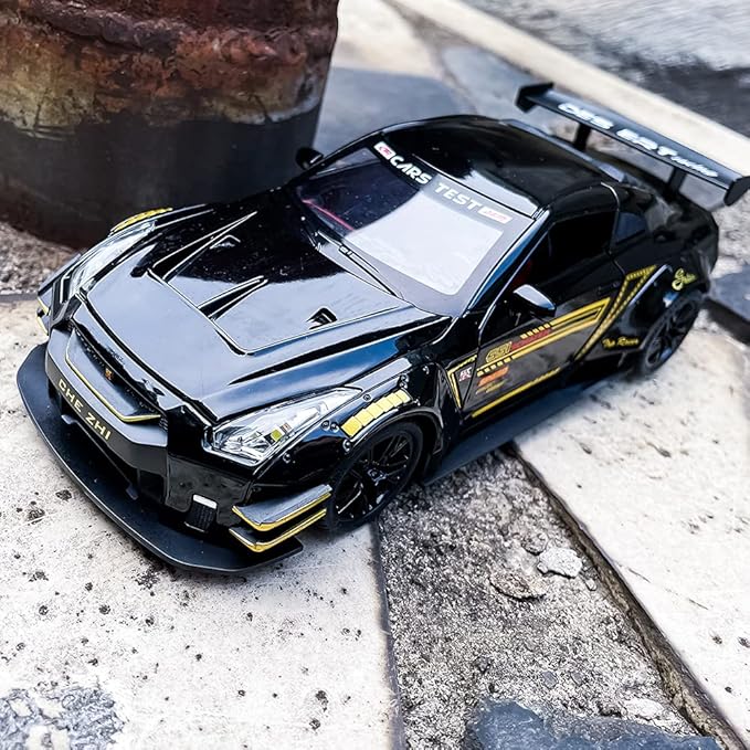 BDTCTK 1/24 Scale Compatible for Nissan GTR Model Car Toy, Zinc Alloy Pull Back Toy car with Sound and Light for Kids Boy Girl Gift (Black)