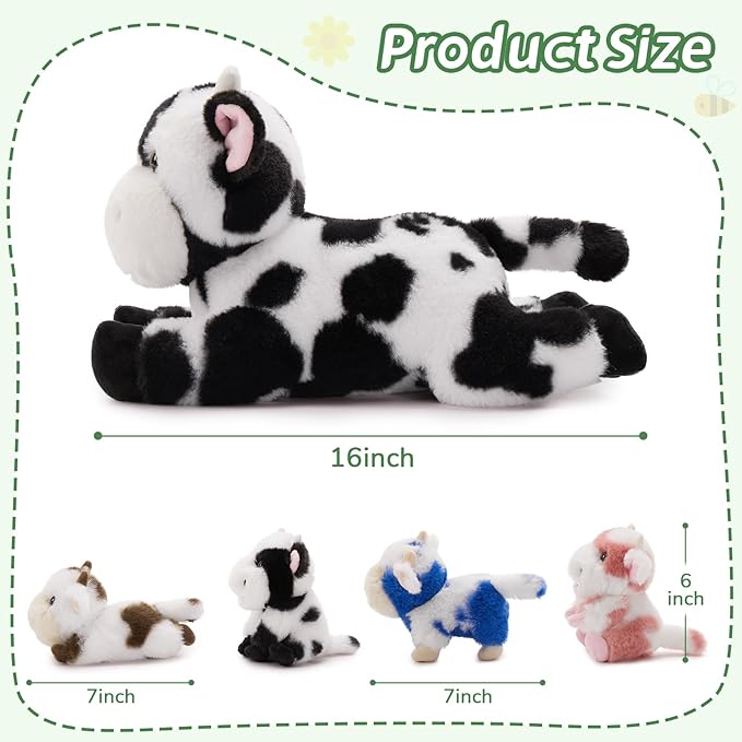 MorisMos 5Pcs Cow Plush Stuffed Animals, 16inch Mom Cow with 4 Babies, Realistic Stuffed Cows Plushies Toy for Kids, Boys, Girls