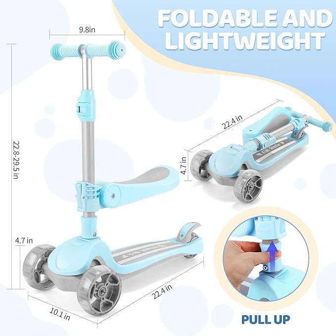 3 Wheel Scooter for Kids Ages 2-10 Years, 2 in 1 Kick Kids Scooter with Swivel Seat, Flashing Wheels and Light up Deck, 4 Adjustable Heights, Lean to Steer, Suitable for Boys & Girls Aged 2+