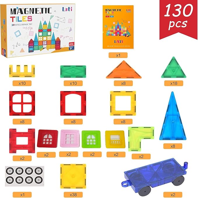 LATI 130 pcs Magnetic Tiles, Magnet Building Blocks for Kids STEM Construction Set Clear Imagination Inspirational Educational Toddler Boys Girls Kids Toys for 3 4 5 6 7 8 Years with 2 Cars