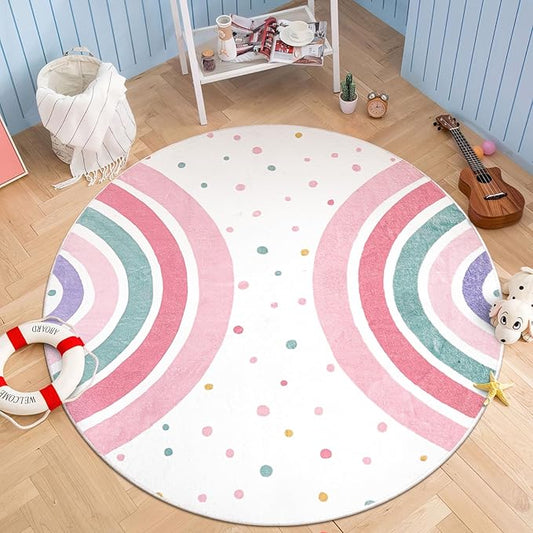 STARUIA Pink Round Rug for Girls, 5 Ft Rainbow Kids Rug for Nursery, Colorful Washable Rug for Bedroom, Non-Slip Circle Time Rugs Soft Polka Carpet for Kids Room Princess Castle