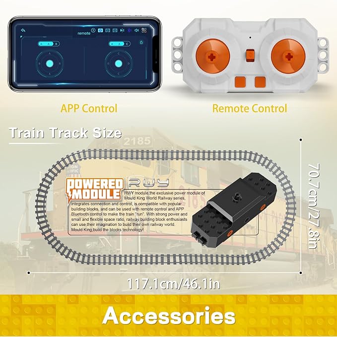 Mould King 12027 Diesel Locomotive Train Building Sets with a Semi-Trailers, Cranes, Remote/App Control Engineering Toy Kit, Scale Model with Trains Tracks for Adults Kids (1170 Pieces)