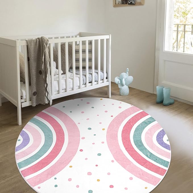 STARUIA Pink Round Rug for Girls, 5 Ft Rainbow Kids Rug for Nursery, Colorful Washable Rug for Bedroom, Non-Slip Circle Time Rugs Soft Polka Carpet for Kids Room Princess Castle