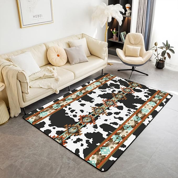 Erosebridal Cowhide Area Rug 5x6'6'', Black and White Highland Cow Print Rug, Western Exotic Aztec Non Slip Carpet for Bedside, Farmhouse Wild Animals Longhorn Skin Cowboys Accent Rug for Men