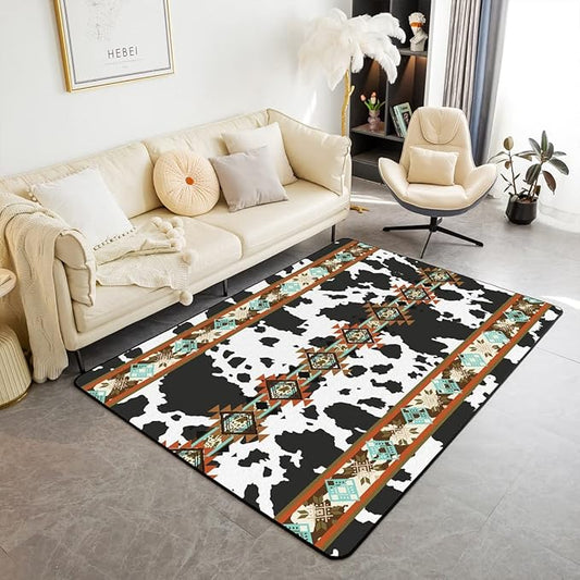 Erosebridal Cowhide Area Rug 5x6'6'', Black and White Highland Cow Print Rug, Western Exotic Aztec Non Slip Carpet for Bedside, Farmhouse Wild Animals Longhorn Skin Cowboys Accent Rug for Men