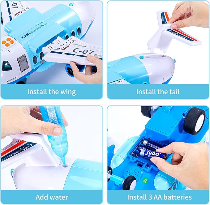 iHaHa Spray Airplane Toys for Boys Girls, Large Transport Cargo Airplane with 6 Construction Vehicle 10 Road Signs 1 Play Mat, Plane Toy with Lights Sounds for Boys Age 3 4 5 6