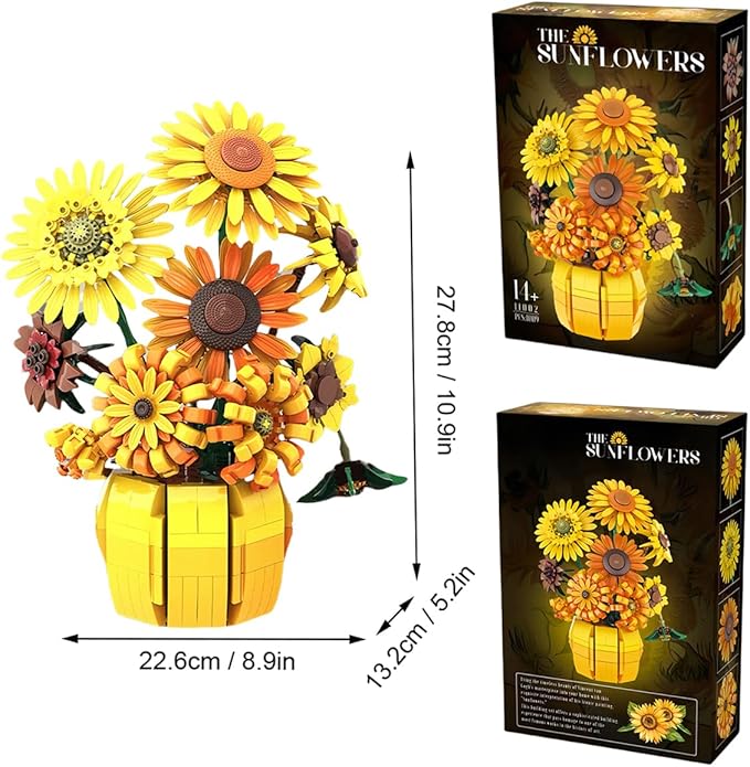 Simulation Sunflower Building Blocks Kit 1009PCS, Artificial Flowers Botanical Collection for Adults 14+, Van Gogh Flowers DIY Home Décor Office Desk, Compatible with Lego Valentine's Day Mother's Day