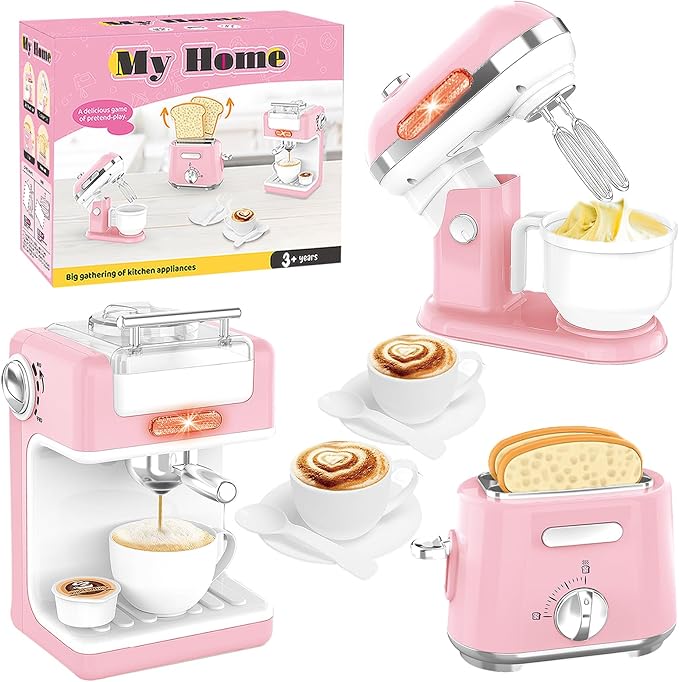 Play Kitchen Toys Kids Accessories Pretend Play Appliances Toy Set with Coffee Maker, Mixer, Toaster for Kids Toddler Kitchen Playset Ages 4-8 Girls (Pink)
