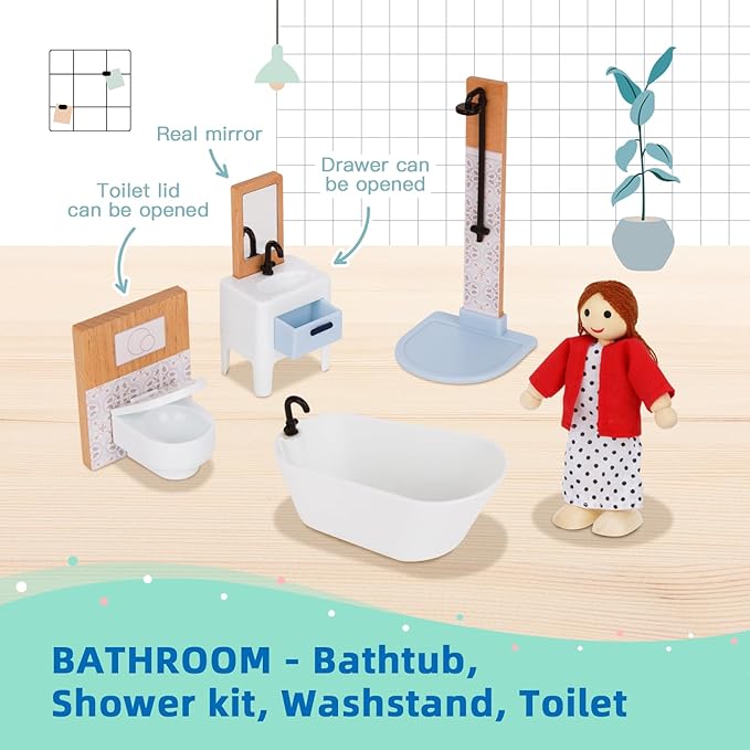 Wooden Dollhouse Furniture Set for Kids, 26 Pcs Dollhouse Accessories with 4 Family Dolls and Dog, Miniature Doll House Furniture Toys Pretend Play Set for G irls Boys Age 3+