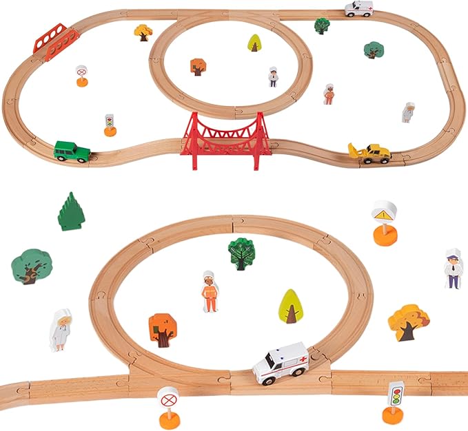 Wooden Train Set for Kids Ages 4-8, Wood Train Track with Magnetic Toy Train Accessories for Toddlers 3-5 Year Old Boy & Girl, Railway Set Road Sign Fit Major Brand Christmas Toy (40 Pieces)