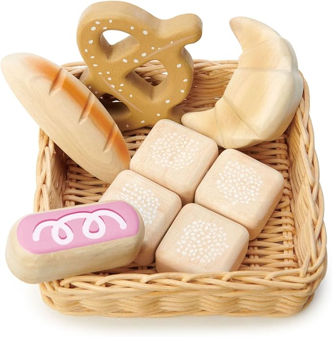 Tender Leaf Toys - Bread Basket - 8 Pcs Wooden Pastries Pretend Food Play Supermarket Shopping Game, with Hand-Crafted Wicker Basket, Play Kitchen Accessories - Age 3+