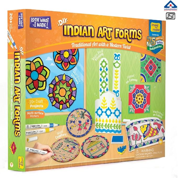 Imagimake Indian Art Forms- Arts and Crafts for Kids Ages 8-12, Learn 5 Indian Art Forms-Madhubani, Warli, Lippan, Mandala & Block Printing Arts, DIY Craft Kit for Girls & Boys- Gift for Kids