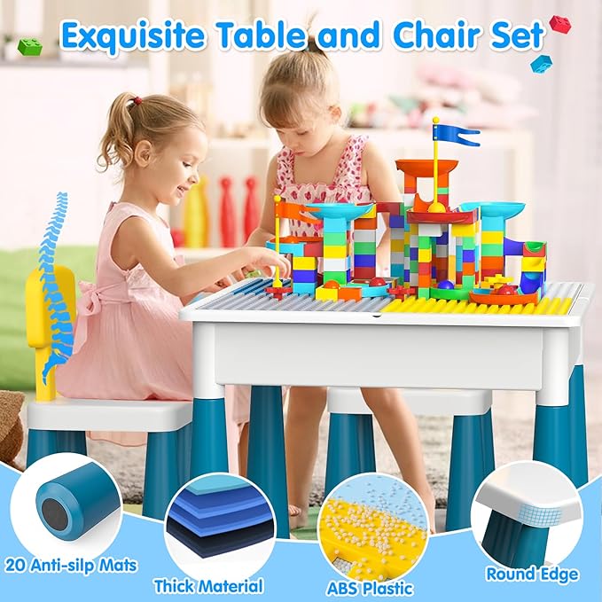 Toddlers Kids Table and Chair Set: Activity Table with 152Pcs Large Marble Run Building Blocks 4 Chairs Storage All in One Play Sensory Table Water Table Sand Table for Boys Girls 3-10 Year Old