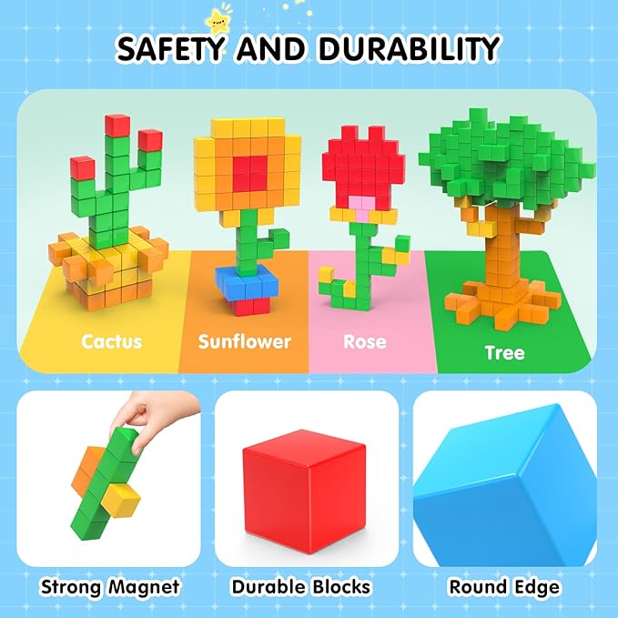 64 Pcs Magnetic Blocks, Magnet Blocks, Magnetic Cubes Blocks for Kids, Learning Educational Stem Blocks for Kids Ages 4-8
