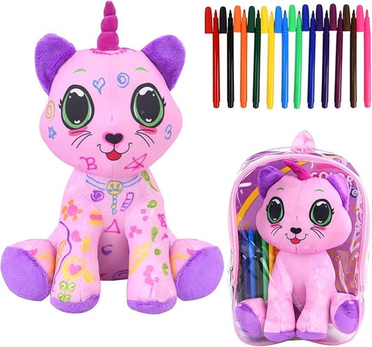 Coloring Plush Toy with 12 Washable Markers for Little Girls Doodle Dolls Arts and Crafts Soft DIY Washable Doodle Stuffed Animal Toy for Kids Ages 4-6 Birthday (Pink Cat)