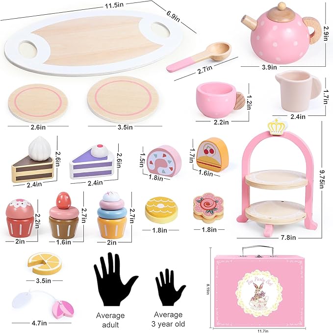 Wooden Tea Party Set for Little Girls, Toddler Girl Gifts Princess Tea Time Toys, Wooden Tea Set Food Dessert, Kids Kitchen Pretend Play, Birthday Valentines Day Gifts for Girls Age 2-5 Years Old