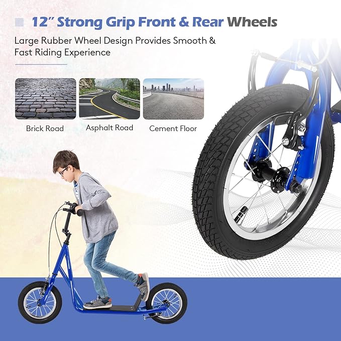 Goplus Youth Kick Scooter, Kids Kick Scooter W/ 12-Inch Air Filled Wheels, Carbon Steel Frame, Adjustable Handlebar, Front and Rear Dual Brakes, Ride On Toys for Adults Teens 8+