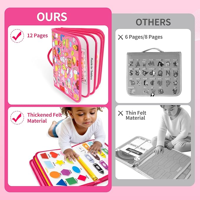 12-page Busy Board Montessori Toddler Toys for 1 2 3 4 Years Old, Busy Book for Toddlers 1-3 Girl Birthday Gift, 24 in 1 Activity Sensory Toys for Motor Skills, Travel Toy for Car Airplane (Pink)