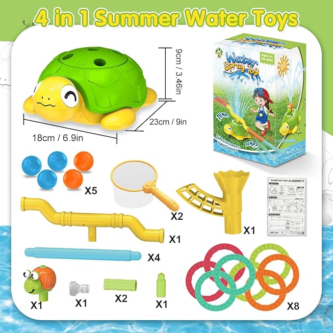 4-in-1 Turtle Water Sprinkler for Kids Summer Toys, Outdoor Toys for Toddlers, Kids Sprinkler Water Toys, Backyard Games for Summer Fun, Backyard Games Splash Water Toys Gifts for Boys Girls Dogs