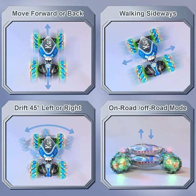 Remote Control Stunt Car, Gifts Toys for Boys 4-12 Year Old, Gesture Sensing RC Cars 2.4GHz 4WD Drift Hand Controlled Twist Cars, Off-Road 360° Rotating Transform Cars with Lights & Music