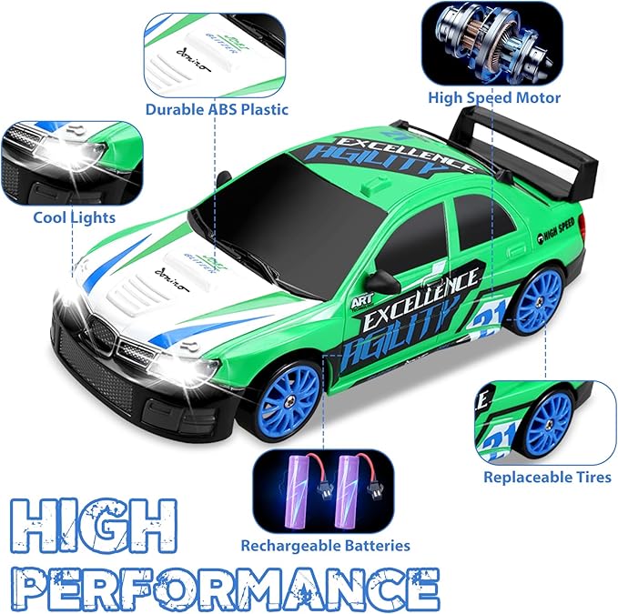 Remote Control Car RC Drift Car 2.4GHz 1:24 Scale 4WD 15KM/H High Speed, Rechargeable High Speed RC Cars with Cool Lights, Two Batteries and Extra Tires Toys for Kids