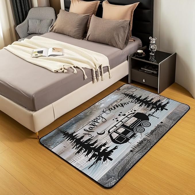 Erosebridal Rustic Farmhouse Style Area Rugs 5x7, Happy Camping Rug for Bedside Camper Carprt for Boys Kids Teens, Black Sketch Drawing Vintage Old Barn Accent Rug