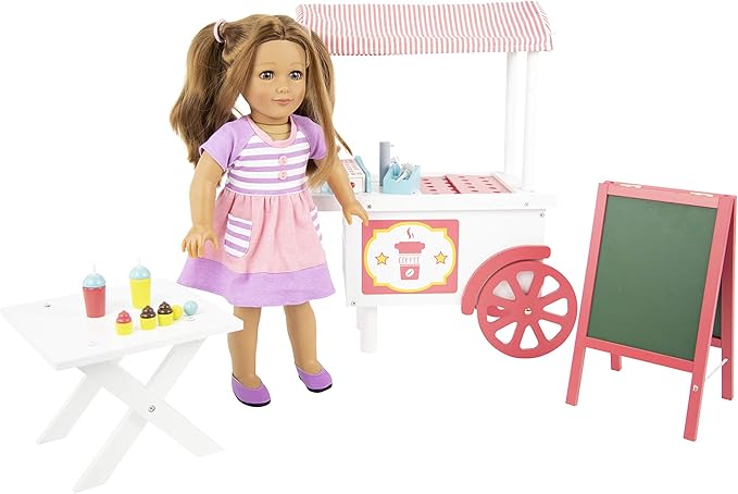 Playtime by Eimmie 18 Inch Doll Furniture Café Food Cart Set - Wooden Playset with Accessories, Fits American, Generation, My Life & Similar 14”-18” Dolls