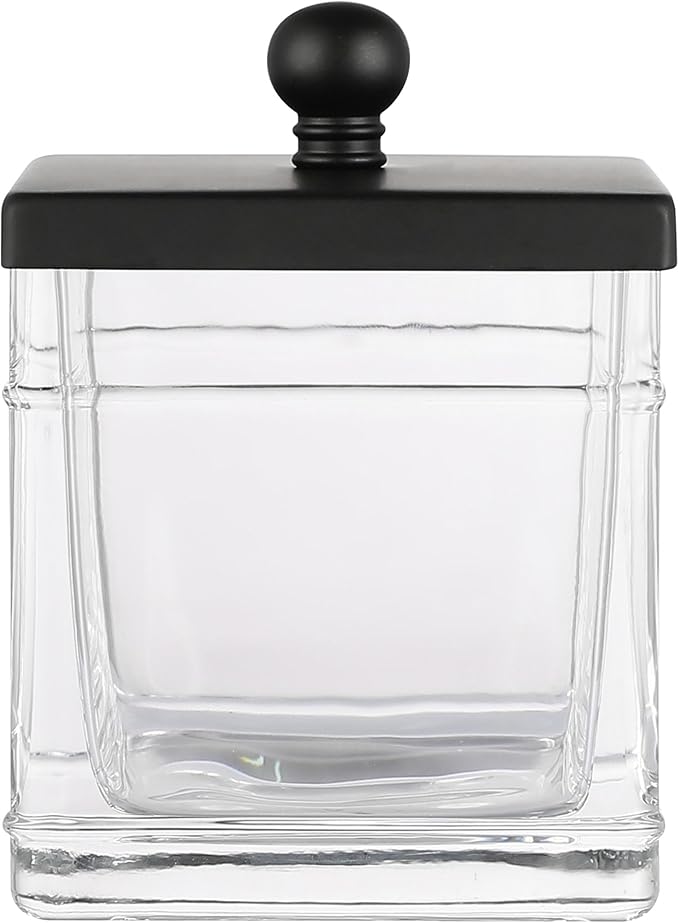 H Halston Apothecary Glass Cotton Jar Holder for Qtips, Cotton Balls, Floss, Storage Canister, Bathroom Organization, With Matte Black 304L Stainless Steel Lid, Makeup Vanity Organizer