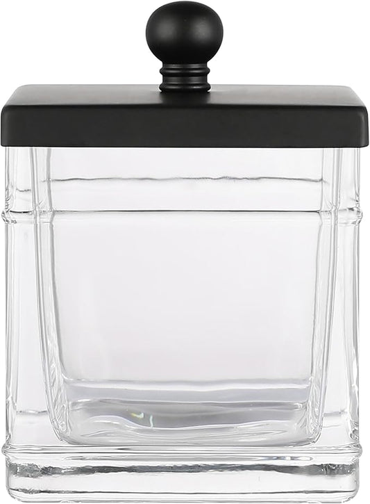 H Halston Apothecary Glass Cotton Jar Holder for Qtips, Cotton Balls, Floss, Storage Canister, Bathroom Organization, With Matte Black 304L Stainless Steel Lid, Makeup Vanity Organizer