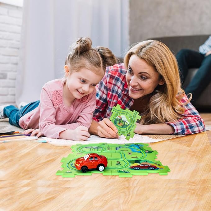 4 Year Old Boy Birthday Gift, Puzzle Racer Kids Car Track Set Puzzle Racer Car Track Set with Roadmap Puzzle Track Car Play Set Toys for 4 Year Old Boys (E-Dinosaur-1, Set3-5Pcs)