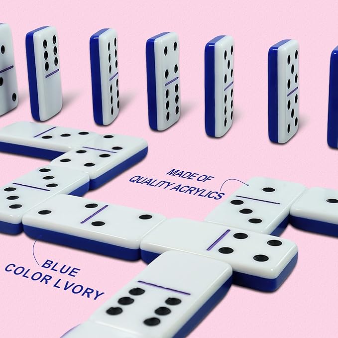Dominoes Set for Adults, Double 6 Dominos Game Set with 28 Domino Tiles Double with Upscale Gift Boxes -7 Polyhedral Dice -Classic Board Games (Dark Blue)