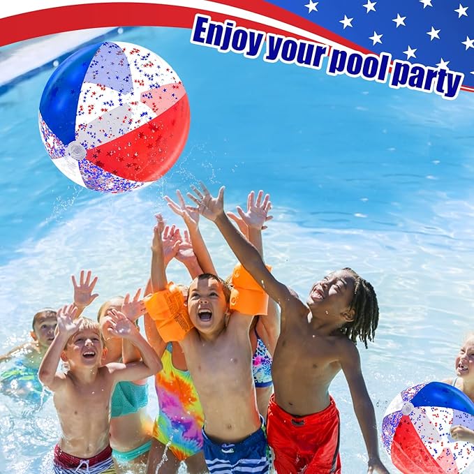 TURNMEON 12 Pack Inflatable Patriotic Beach Ball Bulk 16" Pool Toys Balls with White Red and Blue Stars Glitters Clear Beach Balls Summer Swimming Pool Game Water Beach Toy 4th of July Party