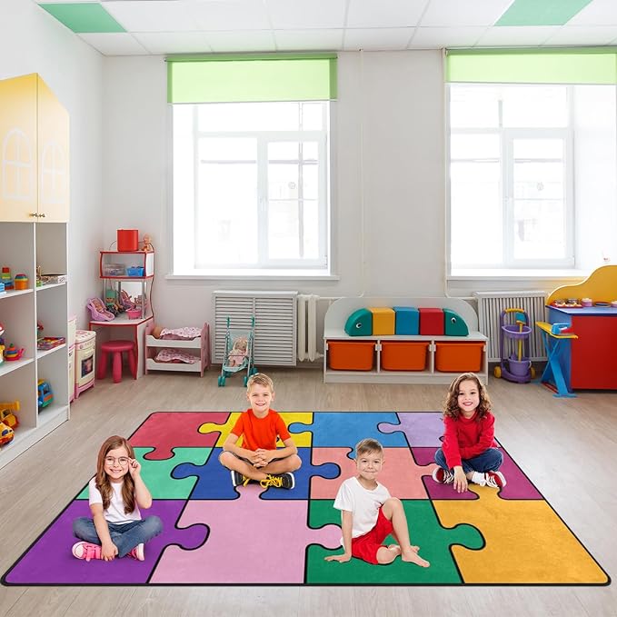 Kids Rug, Classroom Rug Colorful Puzzle Playmat Rugs - 5x7 Ft Kids Carpet with Rubber Backing, Classroom Carpet Play Mat Nursery Rugs for Children Boys Bedroom Playroom School Classroom Seating Carpet