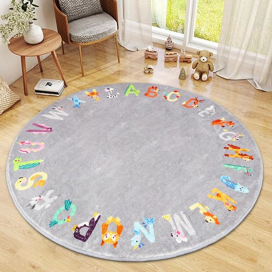 Round ABC Kids Rug,5.2 ft Animal Alphabet Playroom Rug,Washable Non-Slip Cute Nursery Rug for Kids Room,Educational Kids Play Rug Classroom Carpet for Playroom Kids Room Bedroom Decor